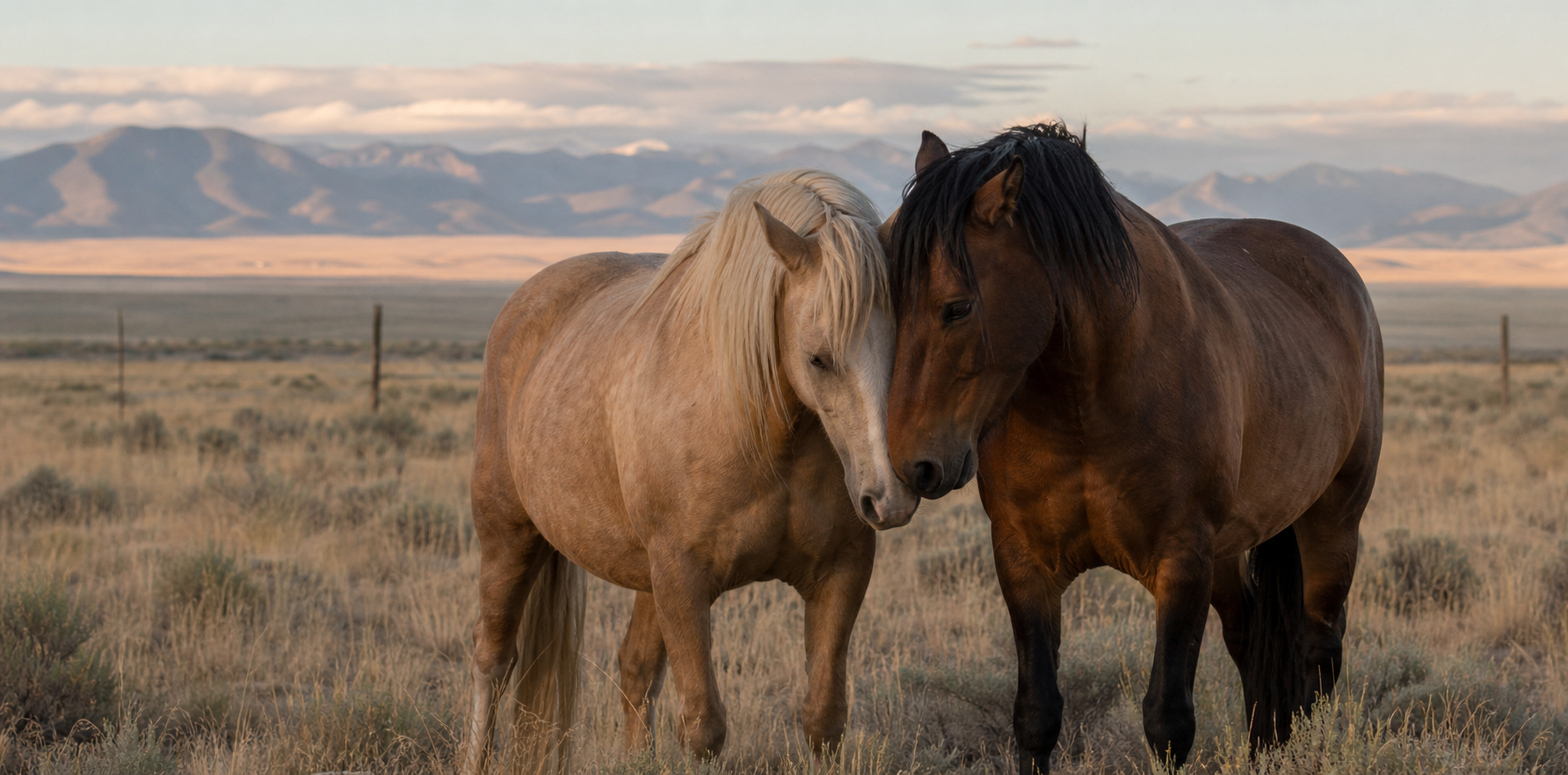 Two horses standing together in a quiet Western pasture