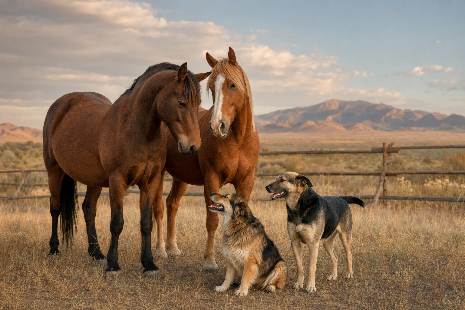 Two horses and two ranch dogs together in a Western pasture