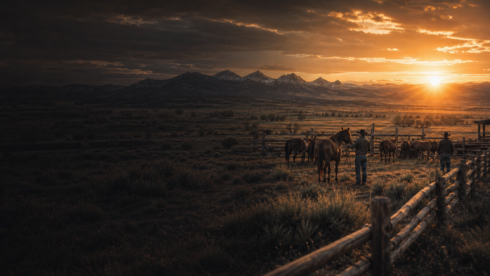 Horses and ranchers gathering at sunset in a Western pasture