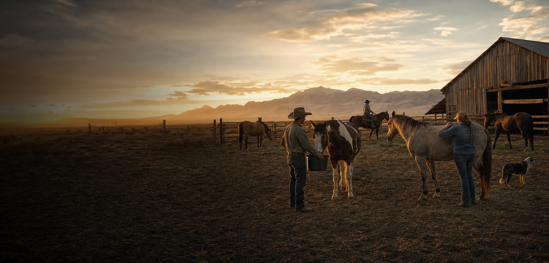 People caring for horses on a Western ranch